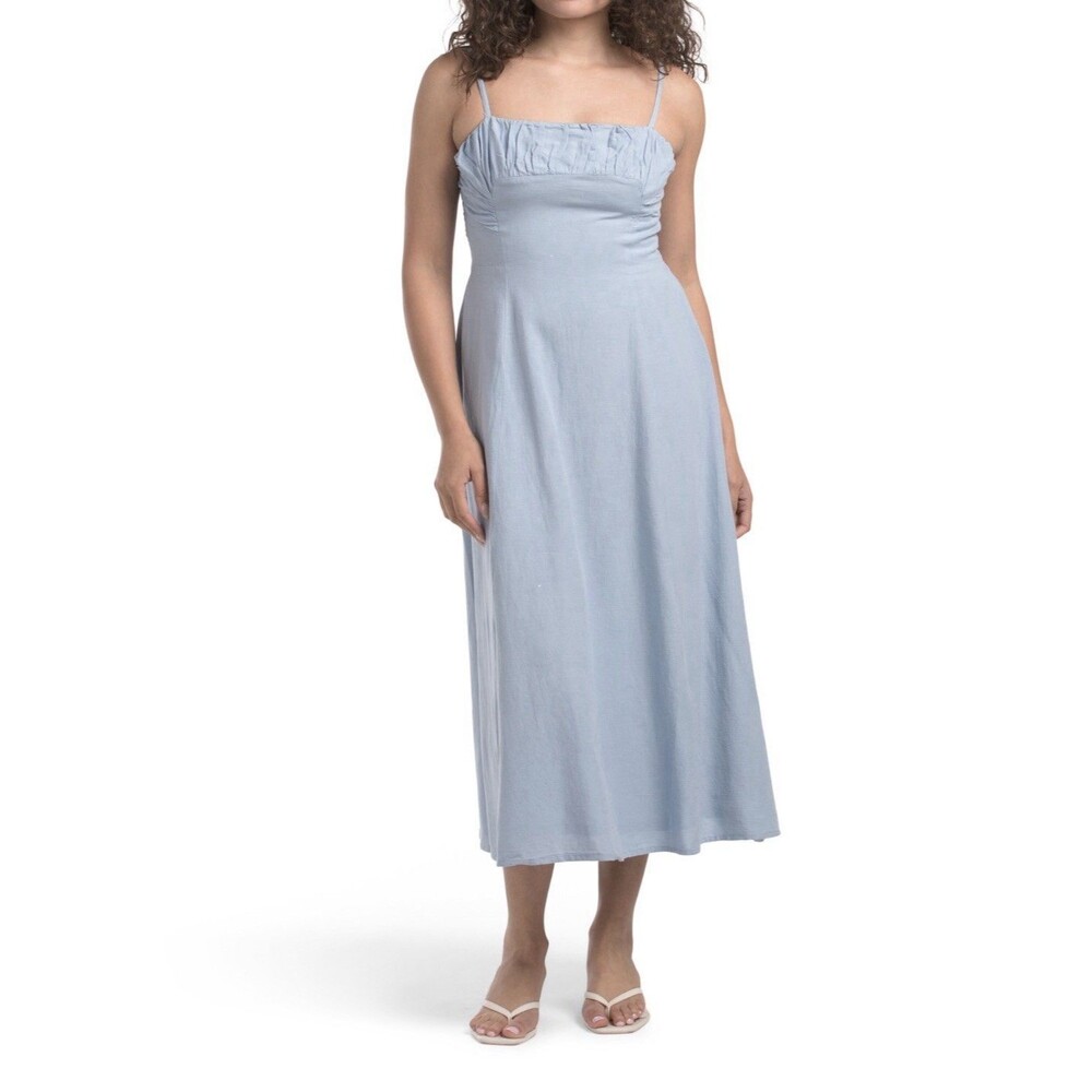 MIDNIGHT SKY Linen Blend Smocked Back Midi Dress Size L NWT Light Blue Summer